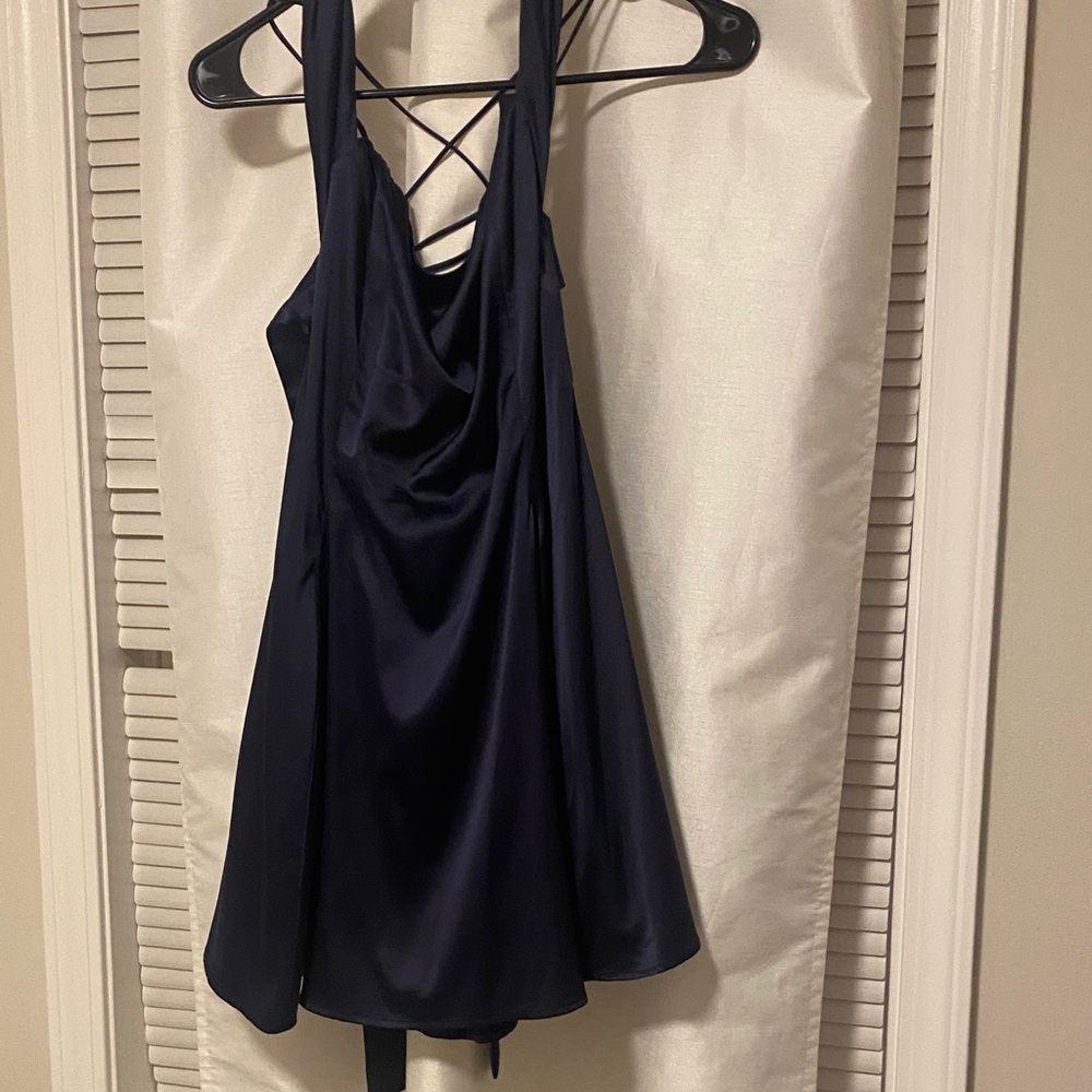 Lucy in the Sky Navy Satin Cowl Neck Mini Dress with Strappy Back